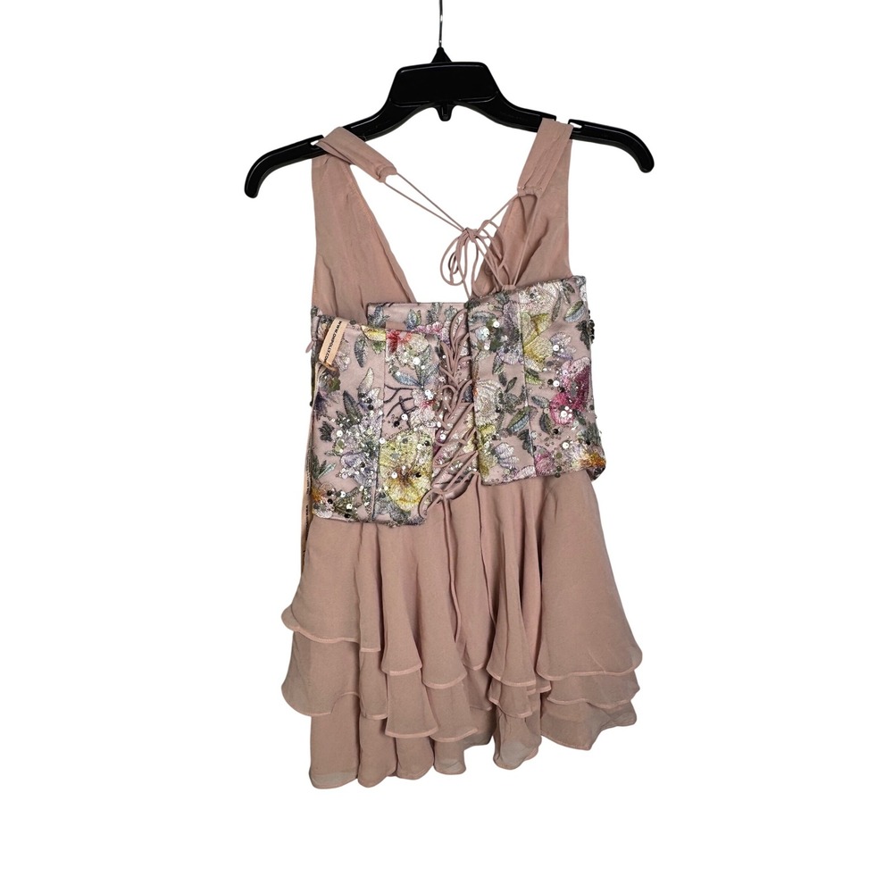 Oh Polly Blush Pink Floral Embroidered Sequin Corset Tiered Mini Dress US 2NWT - Picture 6 of 11